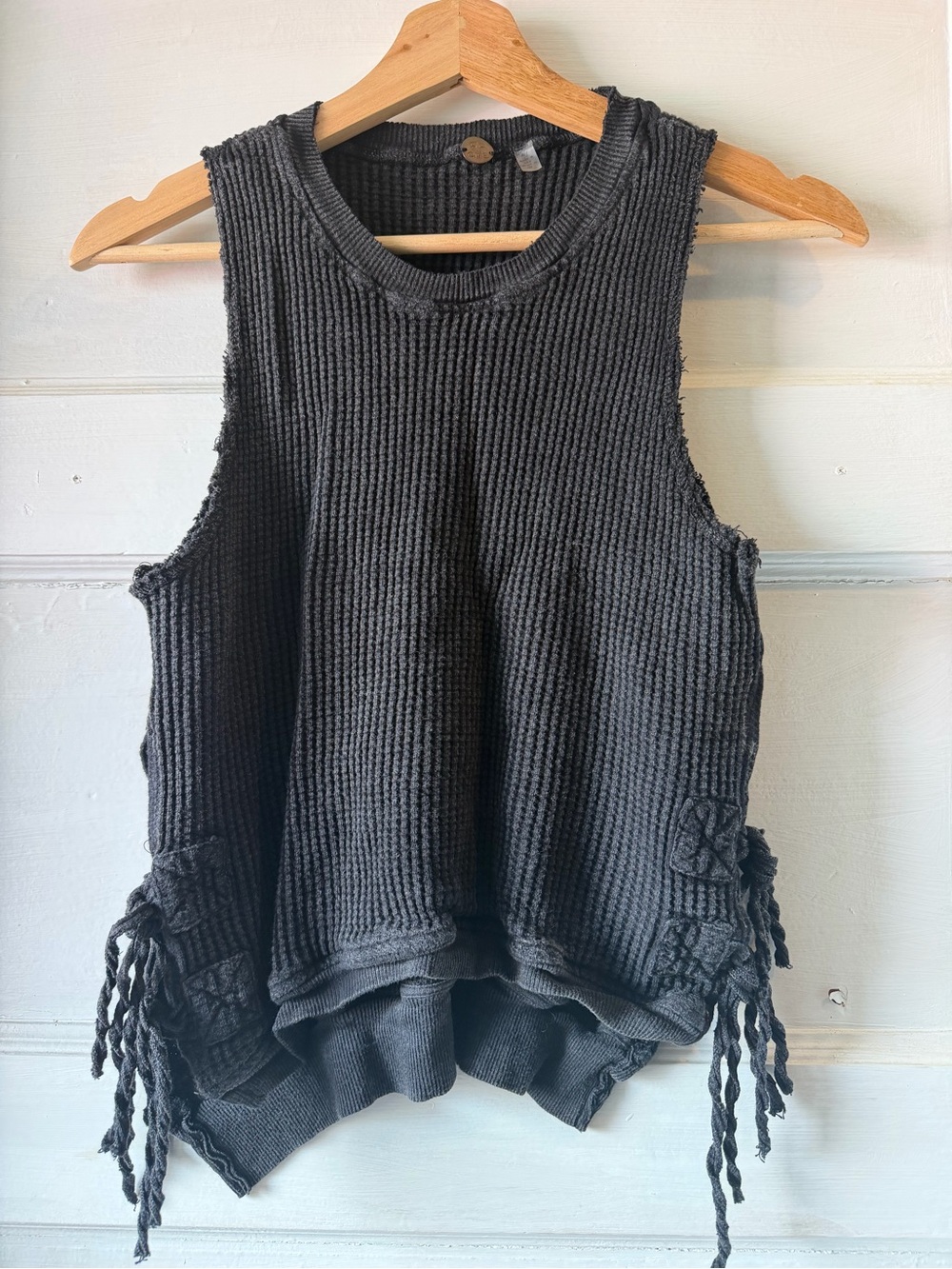 Free People Charcoal Sleeveless Knit Fringe Tank